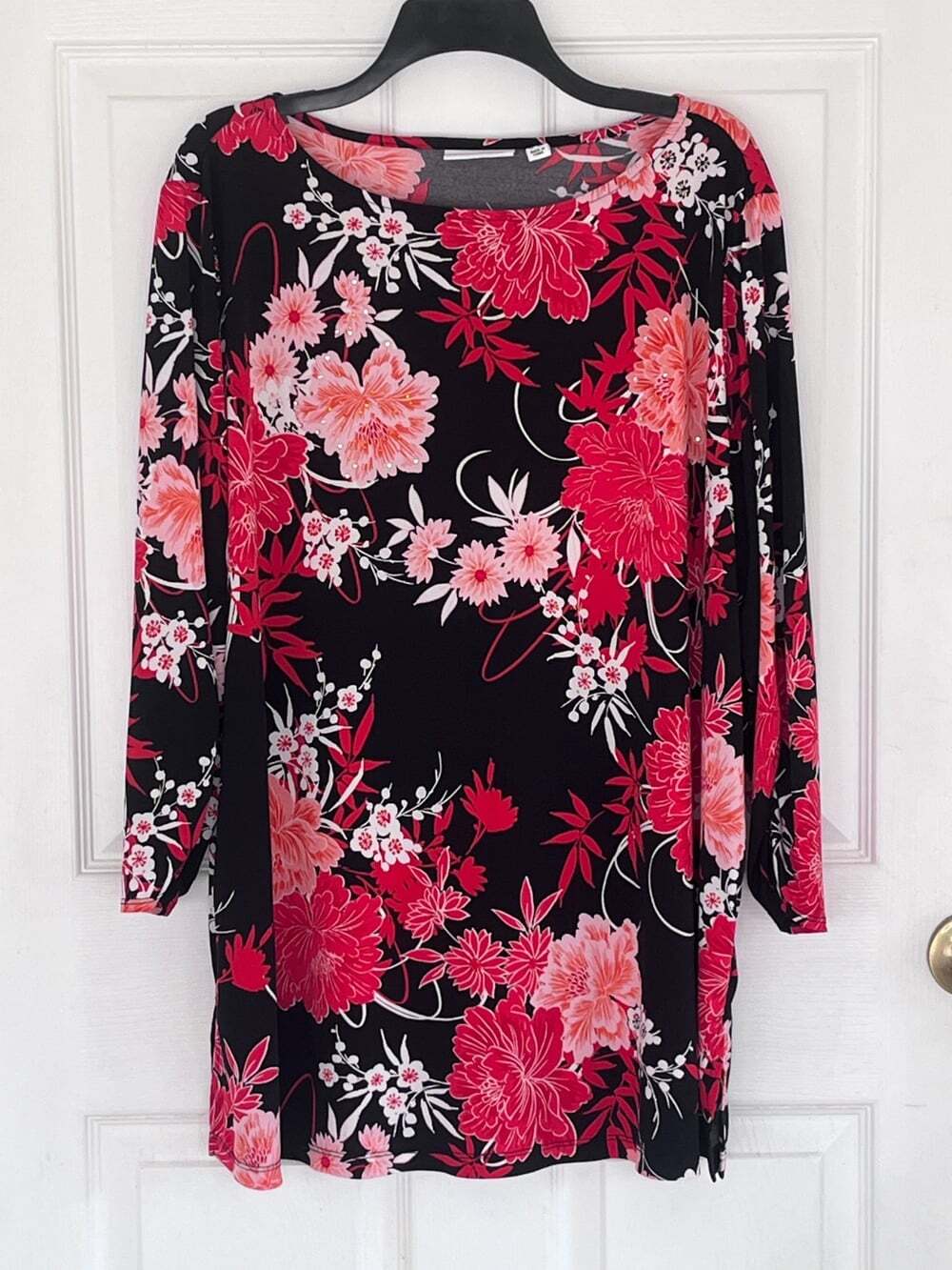 Susan Graver Liquid Knit Floral Top Tunic sz 2X Bling Boho Classic Office Mature